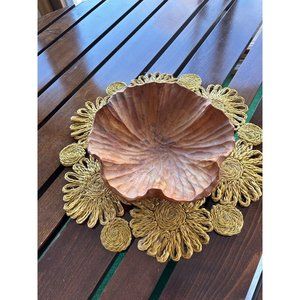 Vintage Hand Carved Wood Bowl Trinket Dish Floral Shape